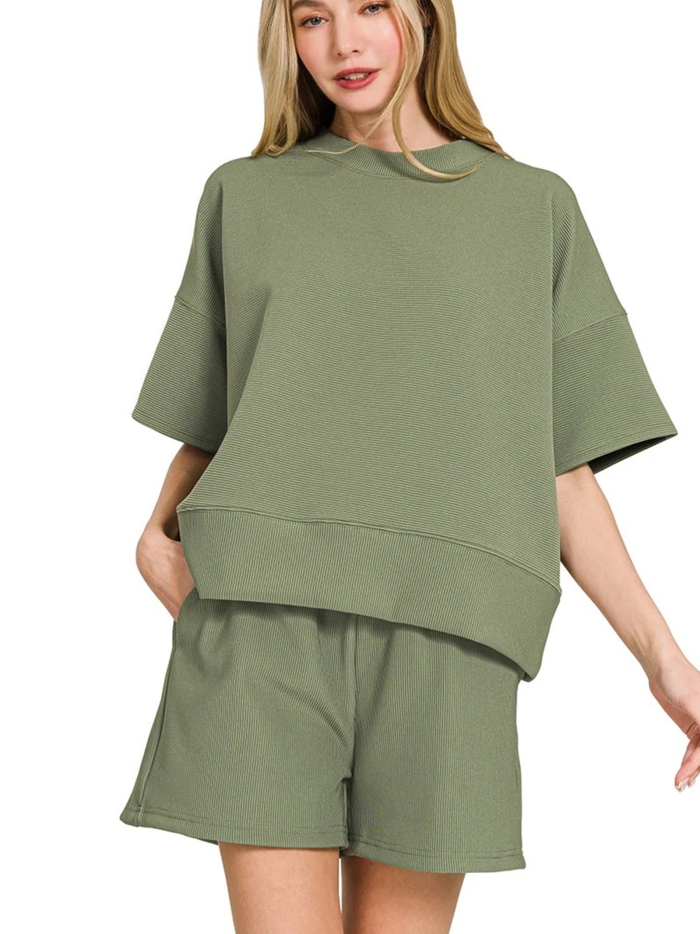 Zenana Olive Green Boxy Short Sleeve Sweatshirt and Short Set Ribbed Scuba